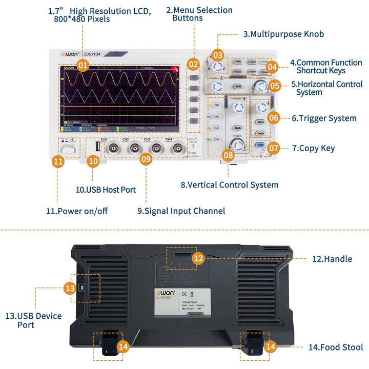 OWON 100 MHz Digitales Oszilloskop SDS1104, 17,8 cm (7 Zoll) LCD-Digitalspeicher-Oszilloskop, unters