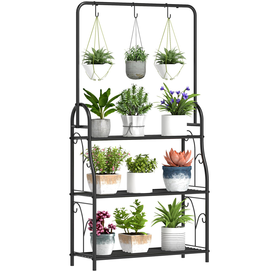 Outsunny 3-Etagen Pflanzenständer mit Hängestange, Haken, Blumenständer für Innen, Pflanzenregal aus