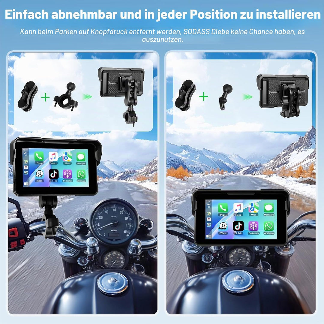 Motorrad-Navigation Mit Wireless Apple Carplay Android Auto, 5-Zoll HD Touchscreen Portables Autorad