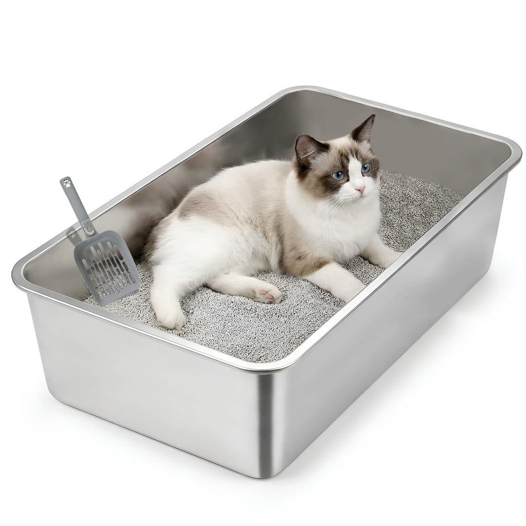 Premium Katzenklo Edelstahl, Gross Metall Katzentoilette mit Hohen Rand, Rostfrei, Antihaftbeschicht