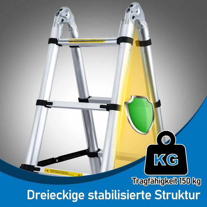 teleskopleiter klappleiter 2,5M+2,5M aluleiter 8+8 Stufen Stehleiter Klappleiter, 150 kg Belastbarke