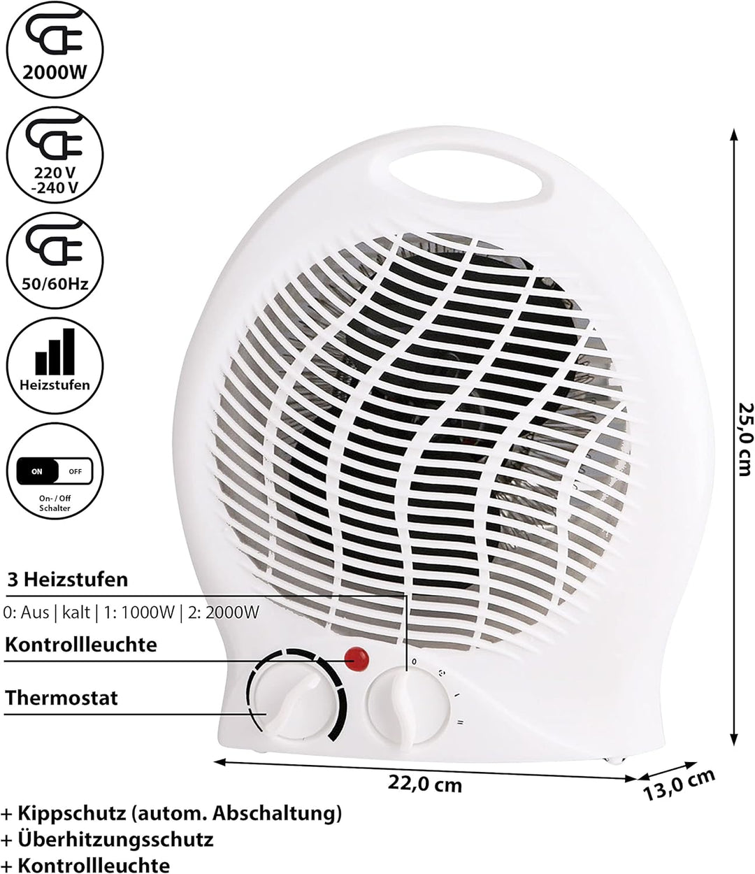 Heizlüfter mit 3 Heizstufen | kompaktes Heizgebläse | starkes Gebläse 2000W | mit Überhitzungsschutz
