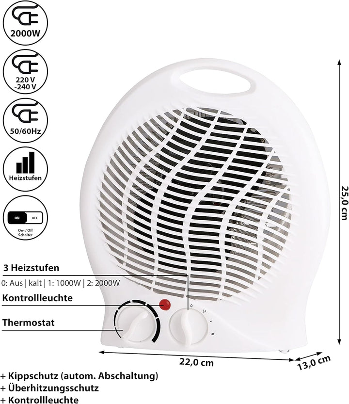 Heizlüfter mit 3 Heizstufen | kompaktes Heizgebläse | starkes Gebläse 2000W | mit Überhitzungsschutz
