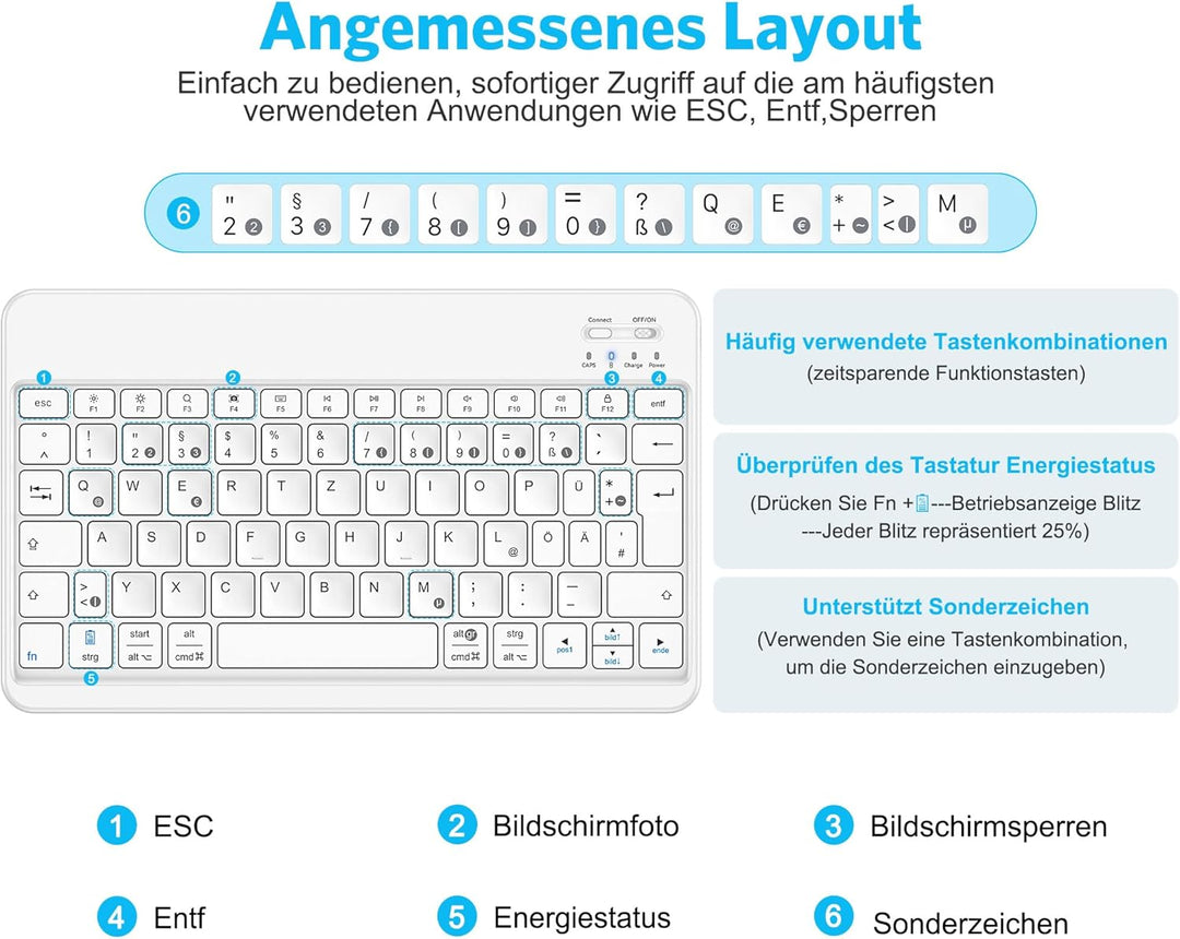 Emetok Deutsche Bluetooth Tastatur für iPad Air/Pro/Mini/10.9/10.2/9.7/iPhone/Android, Vergrösserte