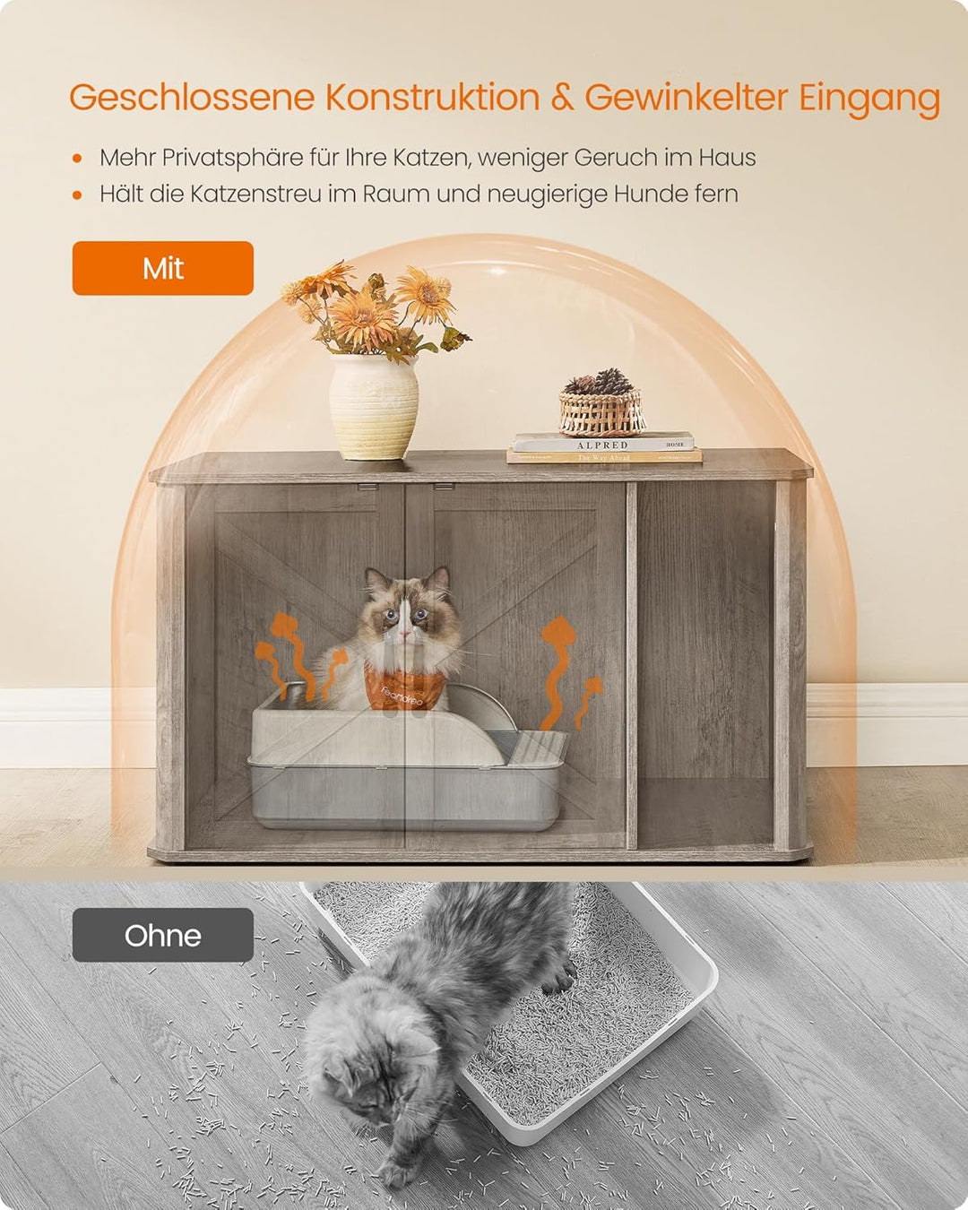 Feandrea Katzenhaus, Katzenklo-Schrank modern, Vordereingang, mit Doppeltür und Griffen, als Sideboa