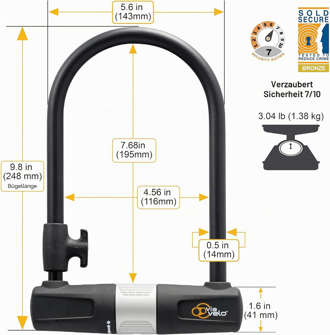 Via Velo Fahrrad Bügelschloss mit Kabel Fahrradschloss 14 mm Bügel und 10 mm x 1,8 m Kabel mit Halte
