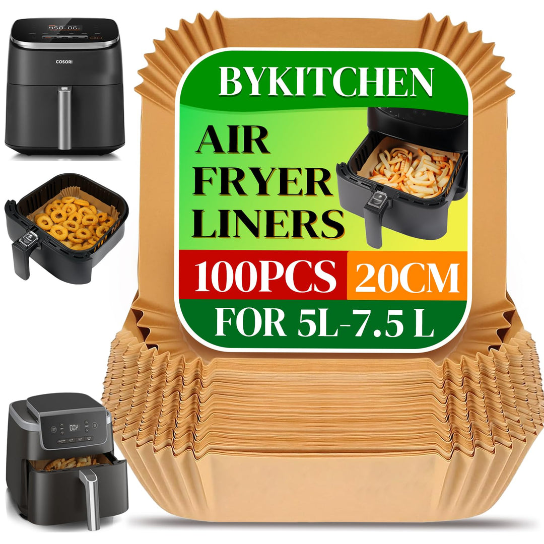 BYKITCHEN 100 Stück Airfryer Backpapier für Philips 6.2L/COSORI 5.5L,6L,6.2L, 20cm-24cm, Heissluftfr