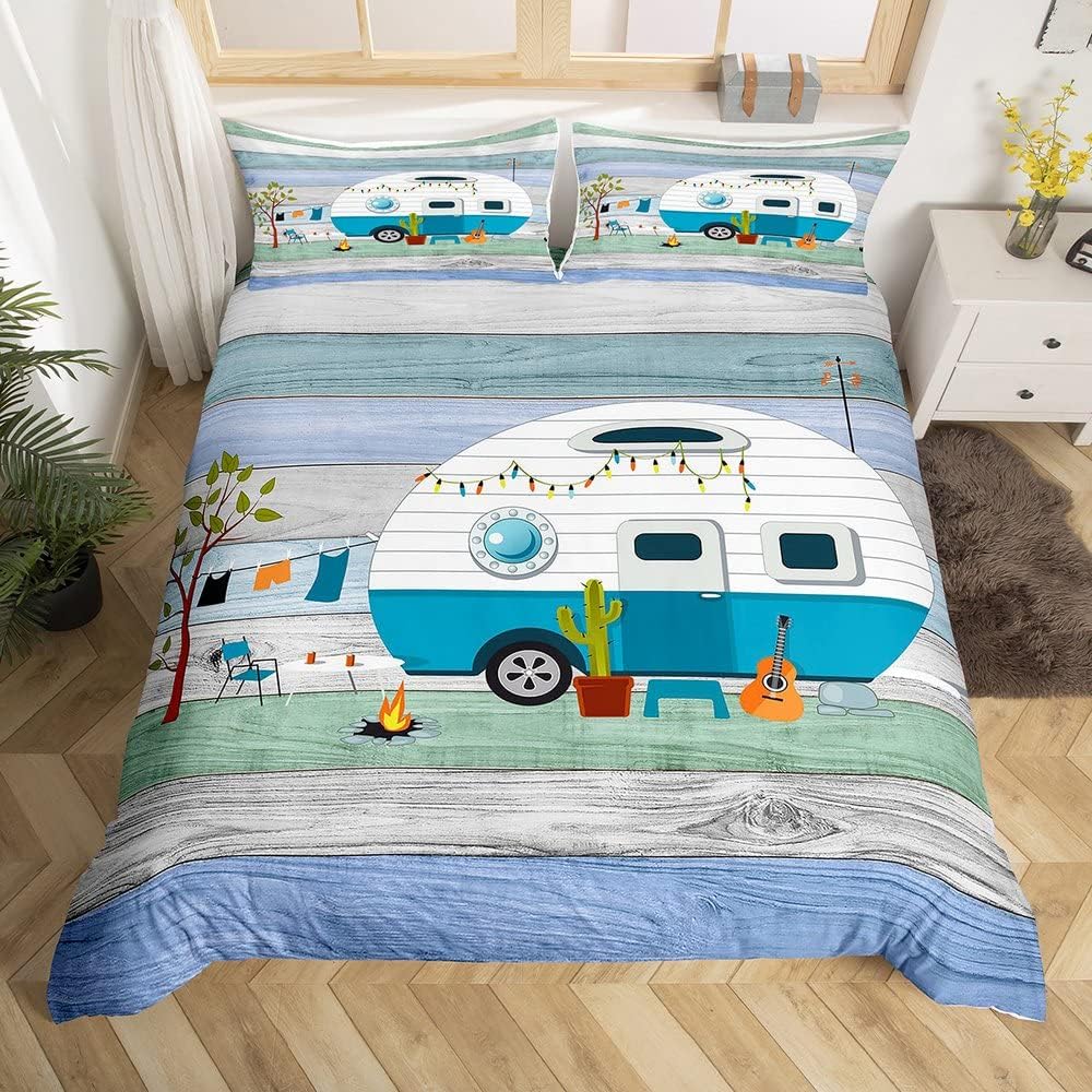 Camping Bettbezug 155 x 220 cm rustikales Camper Bettwäsche Set für Kinder Jungen Mädchen Kinder Ges