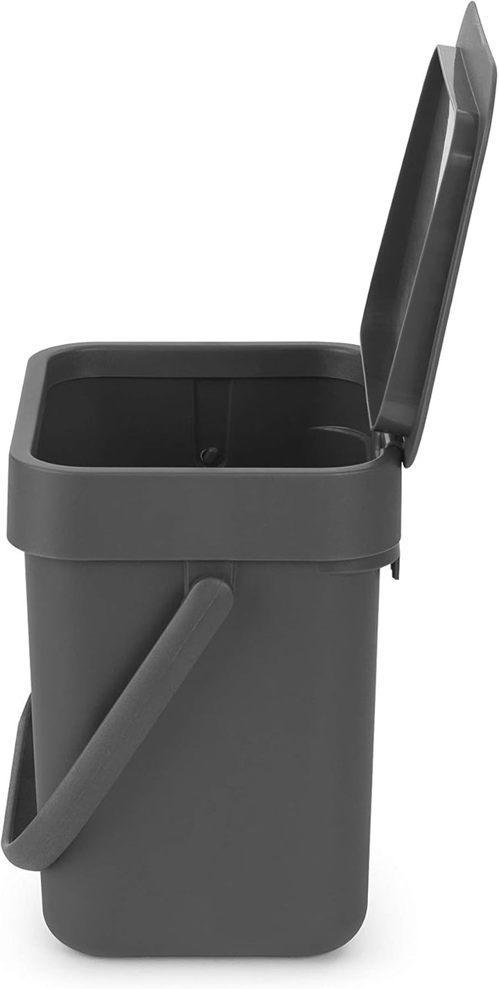 Brabantia Sort & Go Abfalleimer mit Deckel 3 L (grau), platzsparender Biomüll Behälter mit Griff, ab