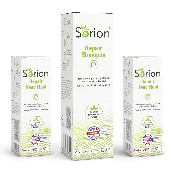 Sorion Kopfpflege Set - 1 x Repair Shampoo und 2 x Head Fluid für chronisch gereizte und schuppige K