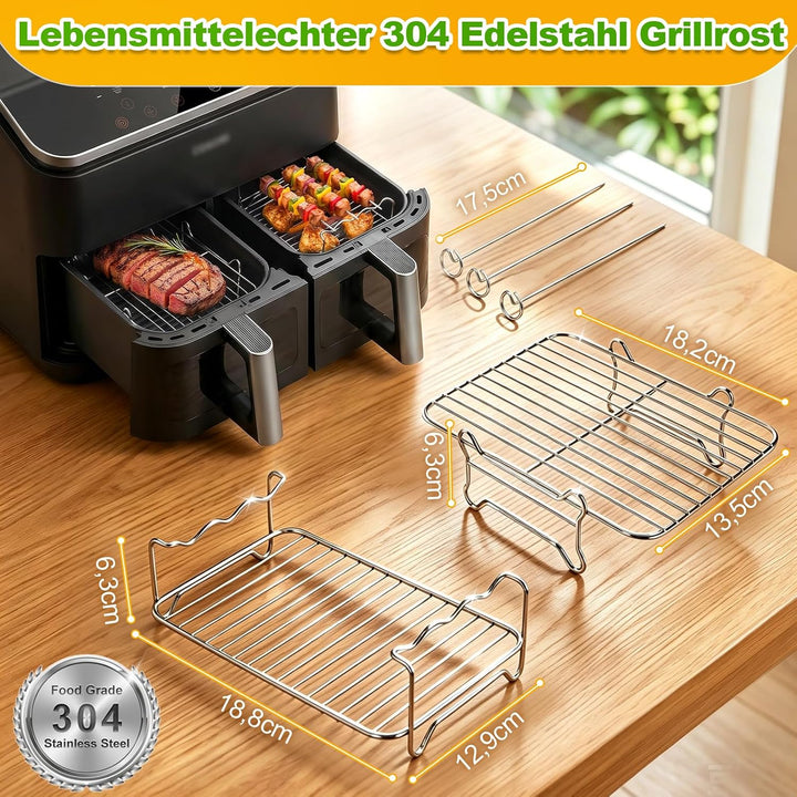 Edelstahl Grillrost Set Airfryer für COSORI 8,5L 2 Kammern, 5 Stück | Heissluftfritteuse Zubehör, Gi