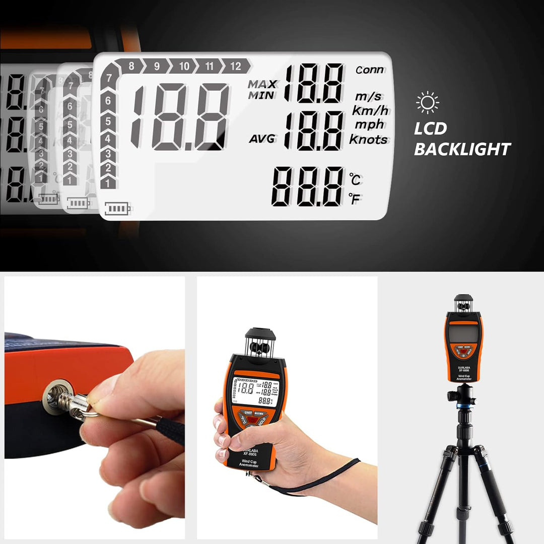 SURLABA Digital Cup Windmesser, Anemometer XF-8806 ±4% Hoher Genauigkeit Wind Gauge Misst MAX/MIN/AV