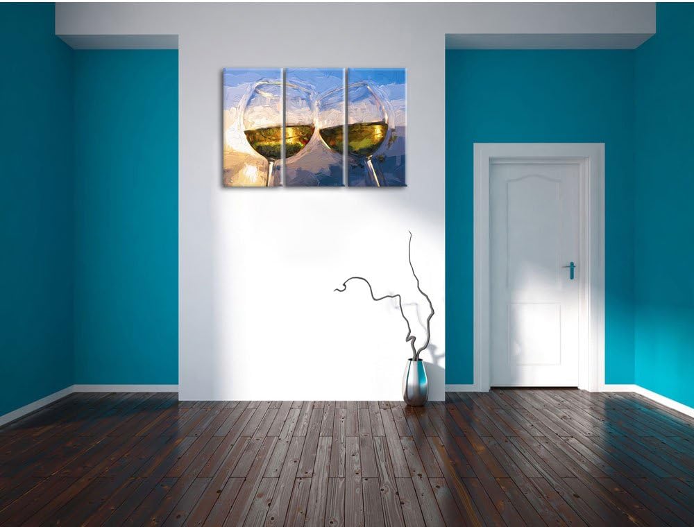 Pixxprint Weingläser im Sonnenuntergang am Meer Pinsel Effekt 3-Teiler Leinwandbild 120x80 Bild auf