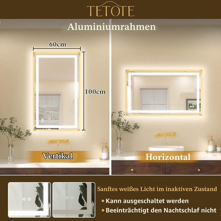 TETOTE Badspiegel mit Beleuchtung Gold Metallrahmen 100x60cm, Badezimmerspiegel Beleuchtet Beschlagf