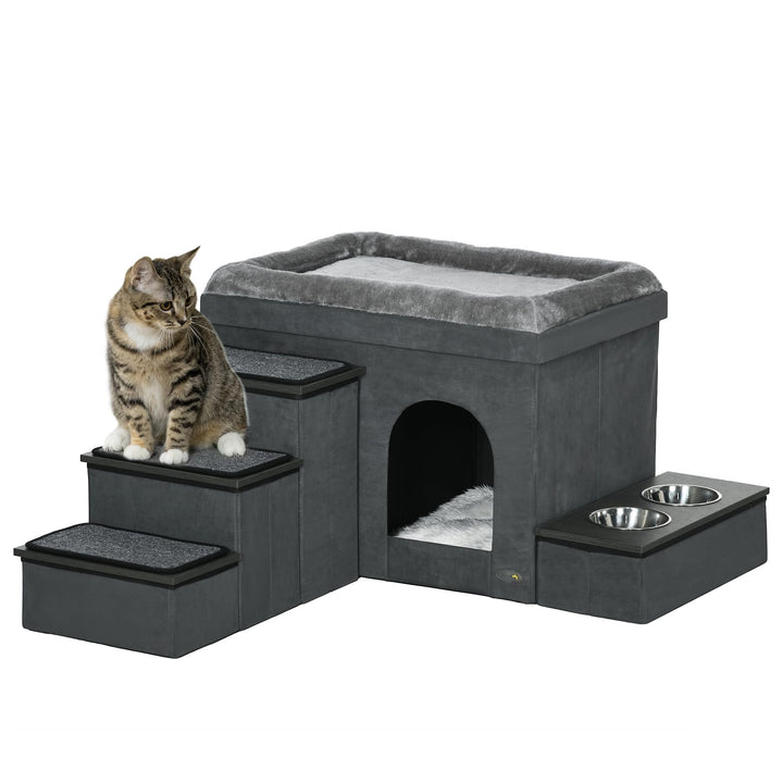 PawHut Katzenhöhle Katzenbett mit Kissen, Treppe, 2 Edelstahlnäpfen, Trennwand, Liegefläche, Katzenh