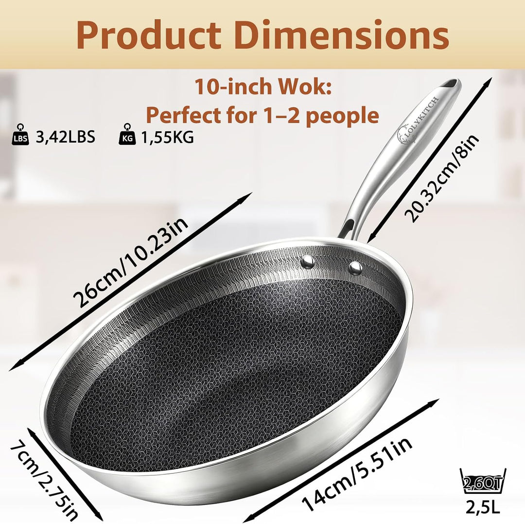 LOLYKITCH Hybrid Wokpfanne 26 cm mit Deckel, Wok Edelstahlpfanne mit Antihaft-Wabenstruktur, Für Ind