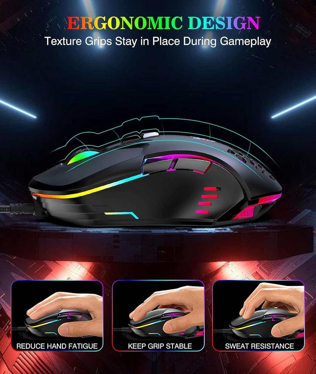 ONIKUMA GAMING Kabelgebundene Gaming-Maus mit 7 Farben LED-Hintergrundbeleuchtung, Computer-Maus für