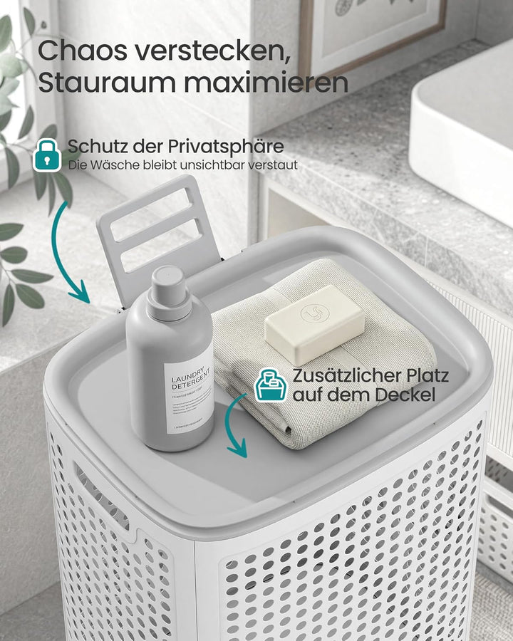 SONGMICS Wäschekorb mit Deckel, Wäschesammler Plastik, 75 L, Wäschetonne schmal, Wäschebox platzspar