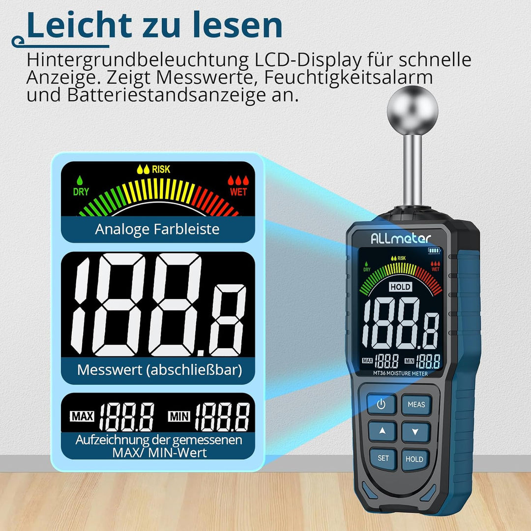 ALLmeter Wiederaufladbar Feuchtigkeitsmessgerät Feuchtigkeitsmesser 5-40 mm Analysetiefe mit Stoffbe