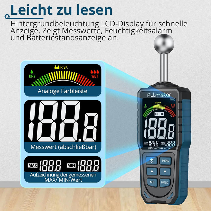 ALLmeter Wiederaufladbar Feuchtigkeitsmessgerät Feuchtigkeitsmesser 5-40 mm Analysetiefe mit Stoffbe