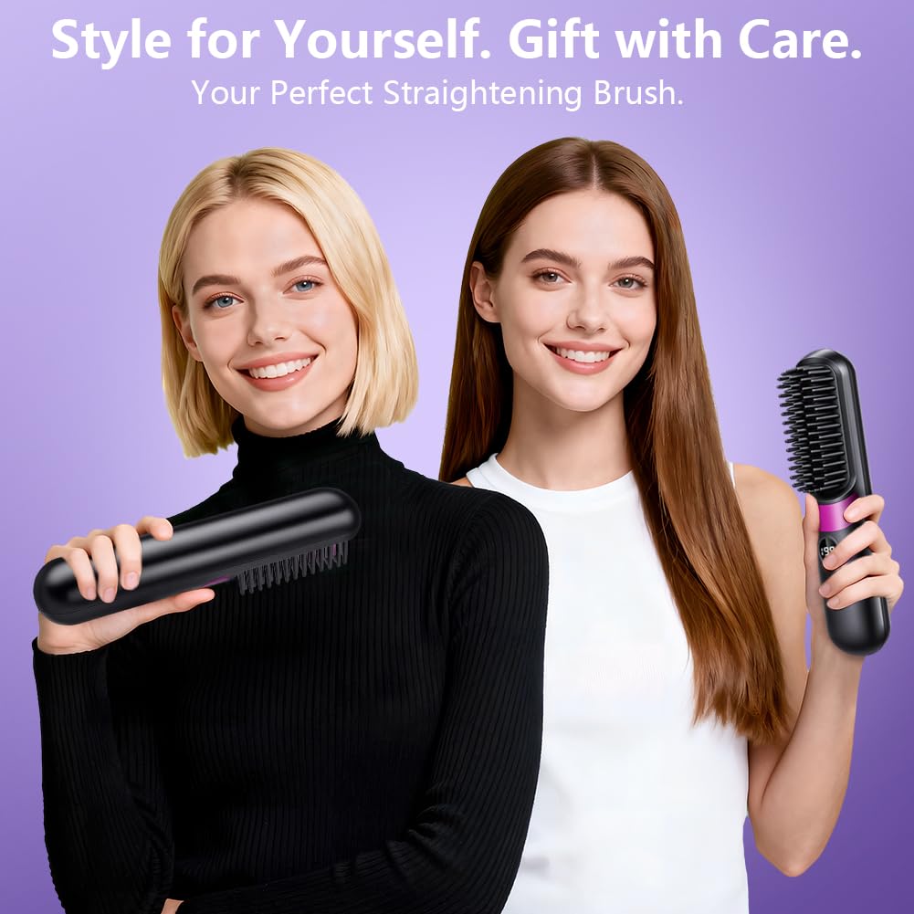 LOPHE Glättbürste, 2 in 1 Haarglätter Bürste mit LED Display, Hair Straightener Kabellos und Verbrüh