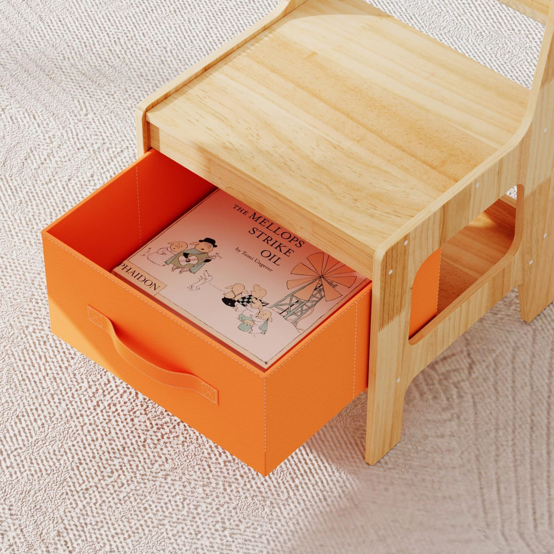 Kindertisch mit 2 Stühlen – Bausteine-Tisch aus Naturholz, Spieltisch mit Schublade & Stofftasche, H