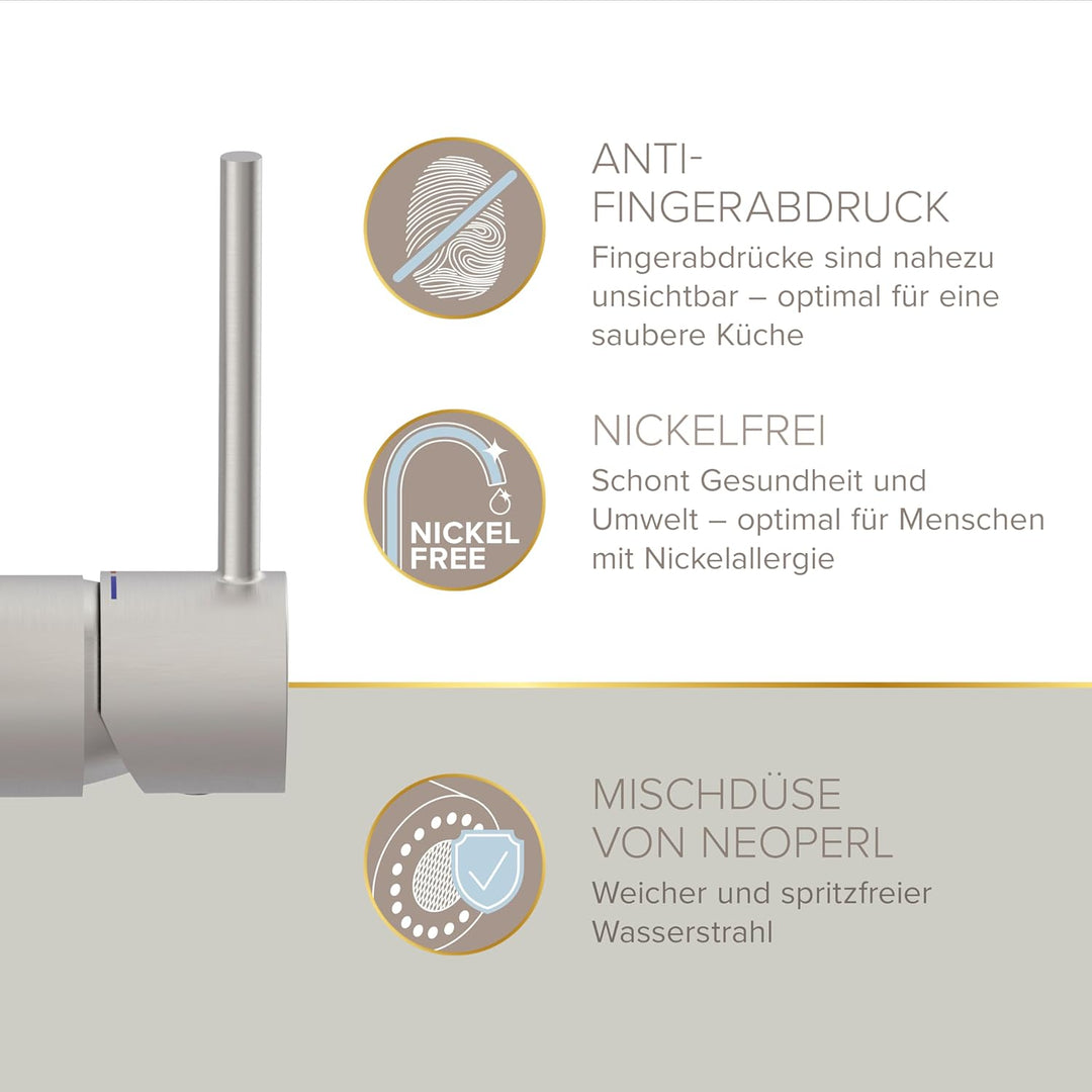 Lenz Küchenarmatur KALANI² in Edelstahl-Optik – mit verstellbarer Geschirrbrause – einfache Installa