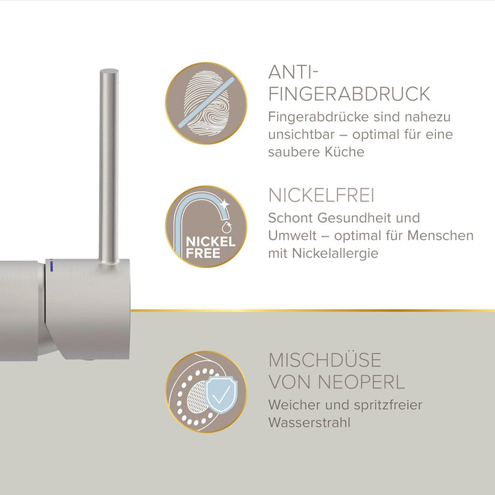 Lenz Küchenarmatur KALANI² in Edelstahl-Optik – mit verstellbarer Geschirrbrause – einfache Installa