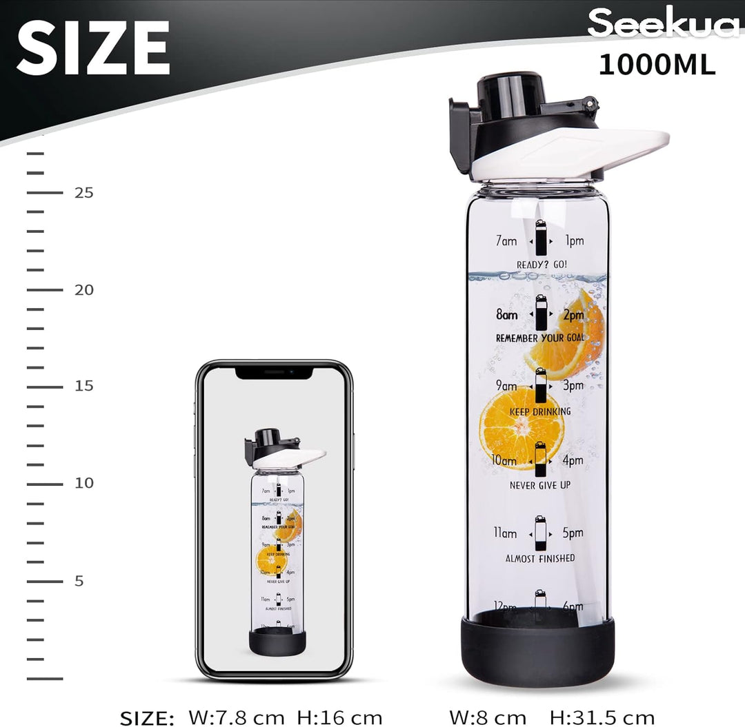 Seekua 1l Sport Trinkflasche Glas Flasche mit Strohhalm & Zeitmarkierung auslaufsicher bpa frei 1 li