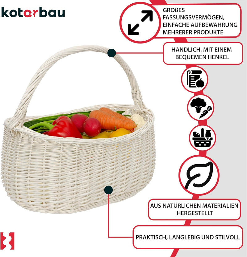 KOTARBAU® Weidenkorb Einkaufskorb geflochten 440 x 280 mm Korb aus Weide Weiss gross Einkaufskorb ge