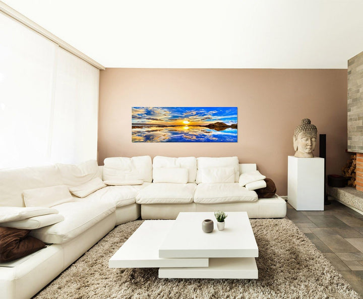 Paul Sinus Art Panoramabild auf Leinwand und Keilrahmen 150x50cm Meer Wolken Sonnenuntergang Spiegel