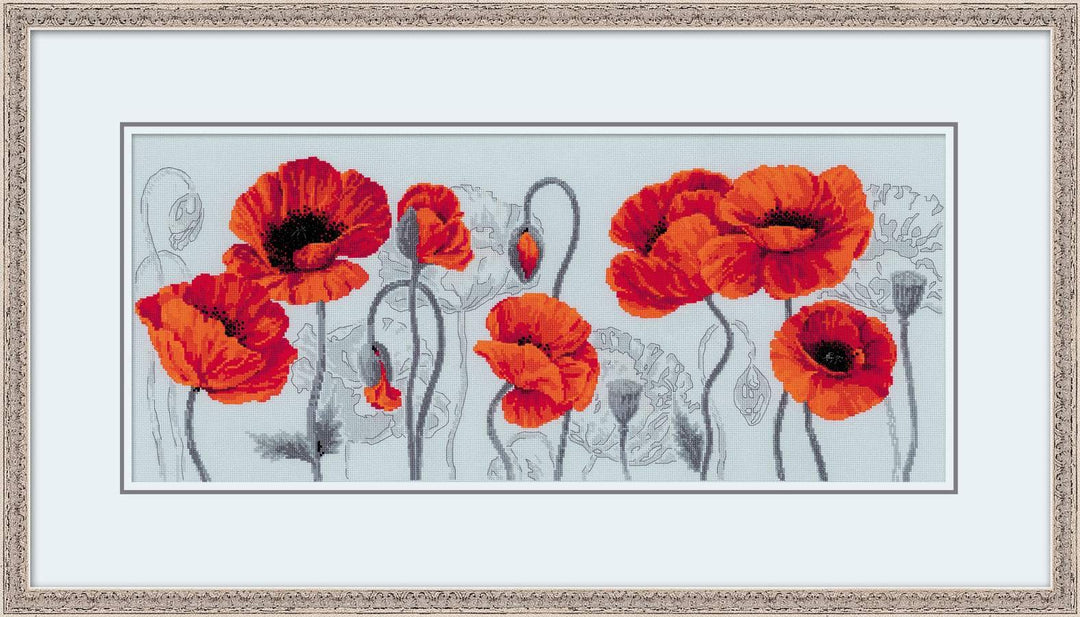 Riolis Stickbild-Set, Motiv Rote Mohnblumen, Kreuzstich