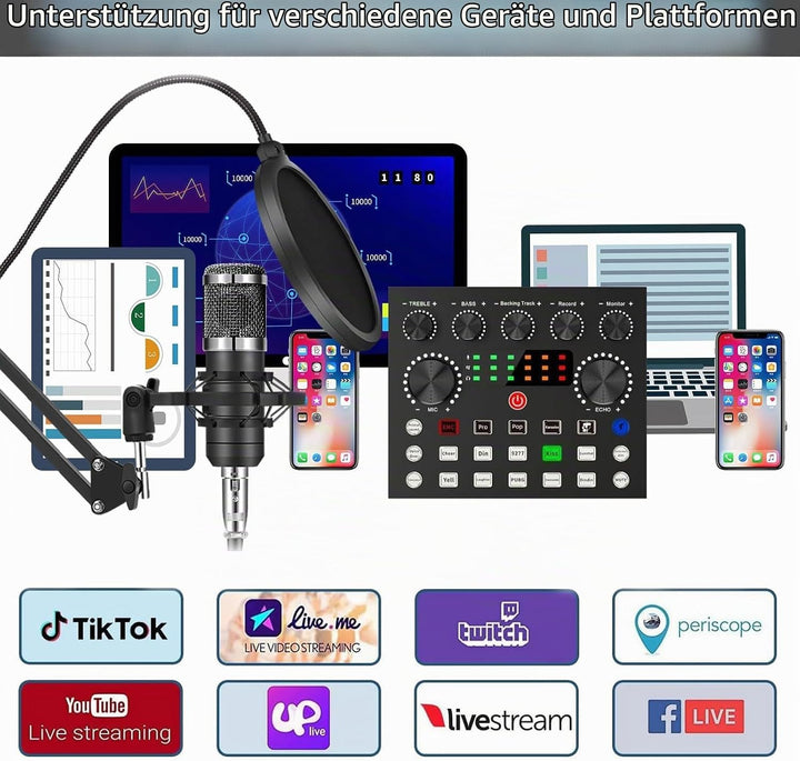 BM800 Podcast Komplettset für 2, Studio-Mikrofon mit Nierencharakteristik, Audio-Interface &amp; DJ-Mixe