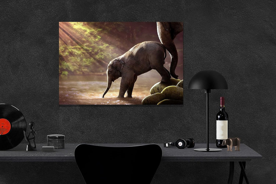 Artley Prints Baby Elefant und Mutter im Wald Leinwanddruck Tier-Wandkunst Bilder Home Office Decor