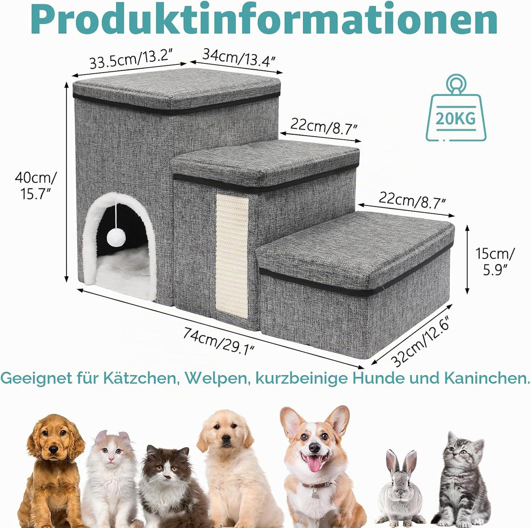 Newthinking Hundetreppe 3 Stufen mit Stauraum, rutschfeste &amp; Faltbare Treppe für kleine Hunde, älter