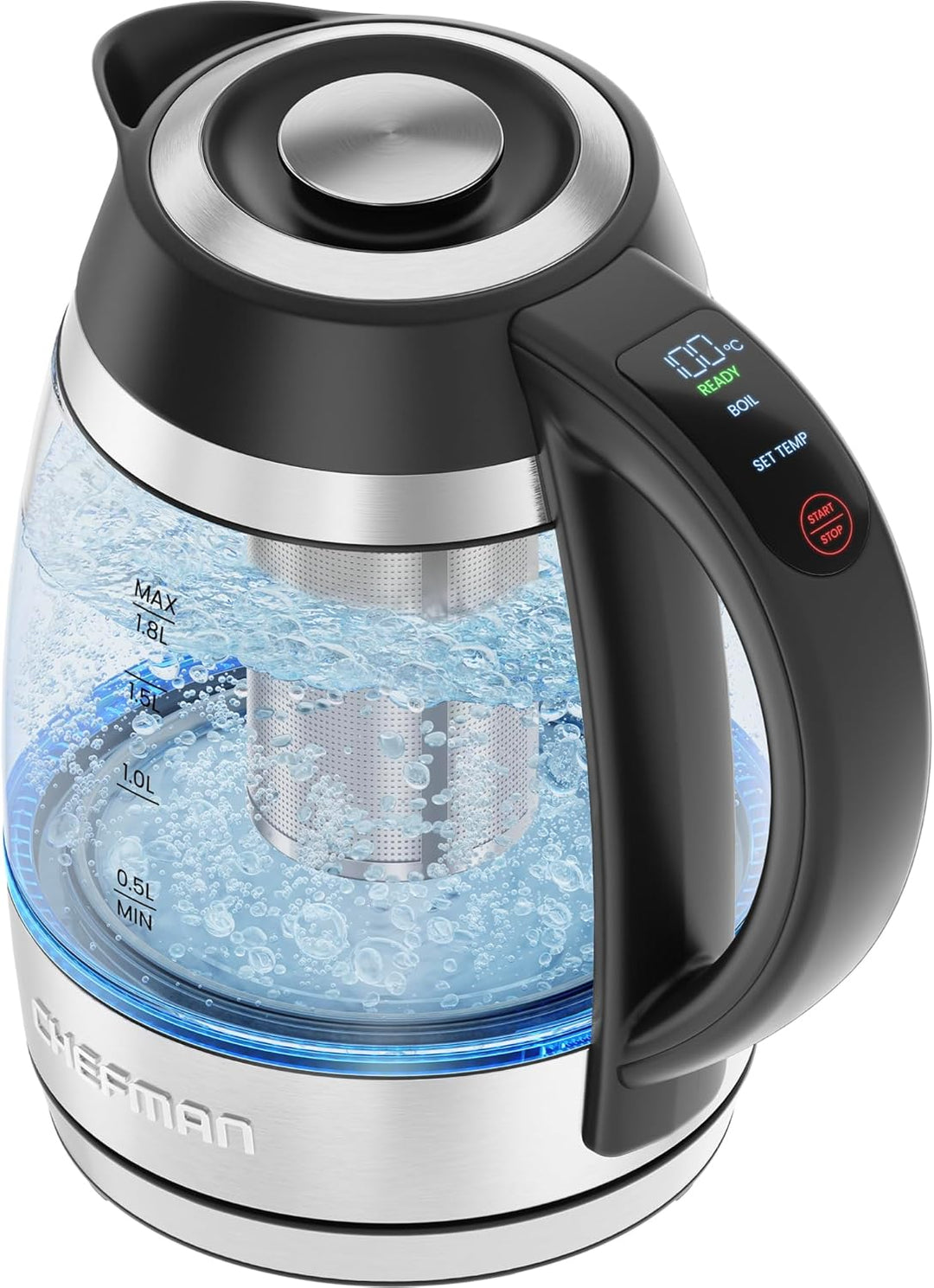 CHEFMAN Elektrischer Wasserkocher, 1.8L 2200W mit Tee-Ei, heisses Wasser in 3 Minuten, LED-Licht, au
