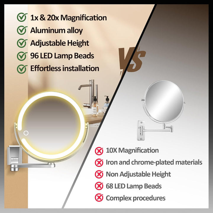 Wandmontierter Make-up-Spiegel, Vergrösserungsspiegel mit Licht, 20X/1X doppelseitig, höhenverstellb