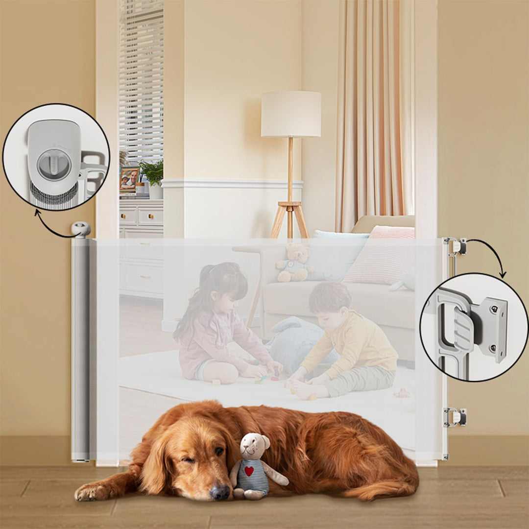 einziehbares Babygitter, 87 cm x 130 cm, Treppenschutzgitter, Rolle für Babys und Haustiere, Hunde,