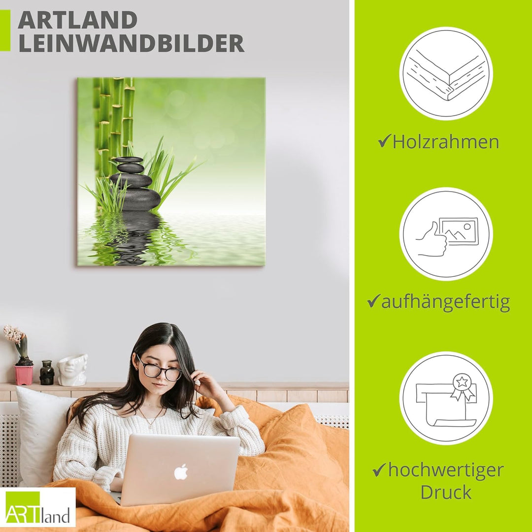 ARTland Leinwandbilder Wandbild Bild Leinwand 70x70 cm Asien Zen Wellness Spa Wasser Bambus Steine G
