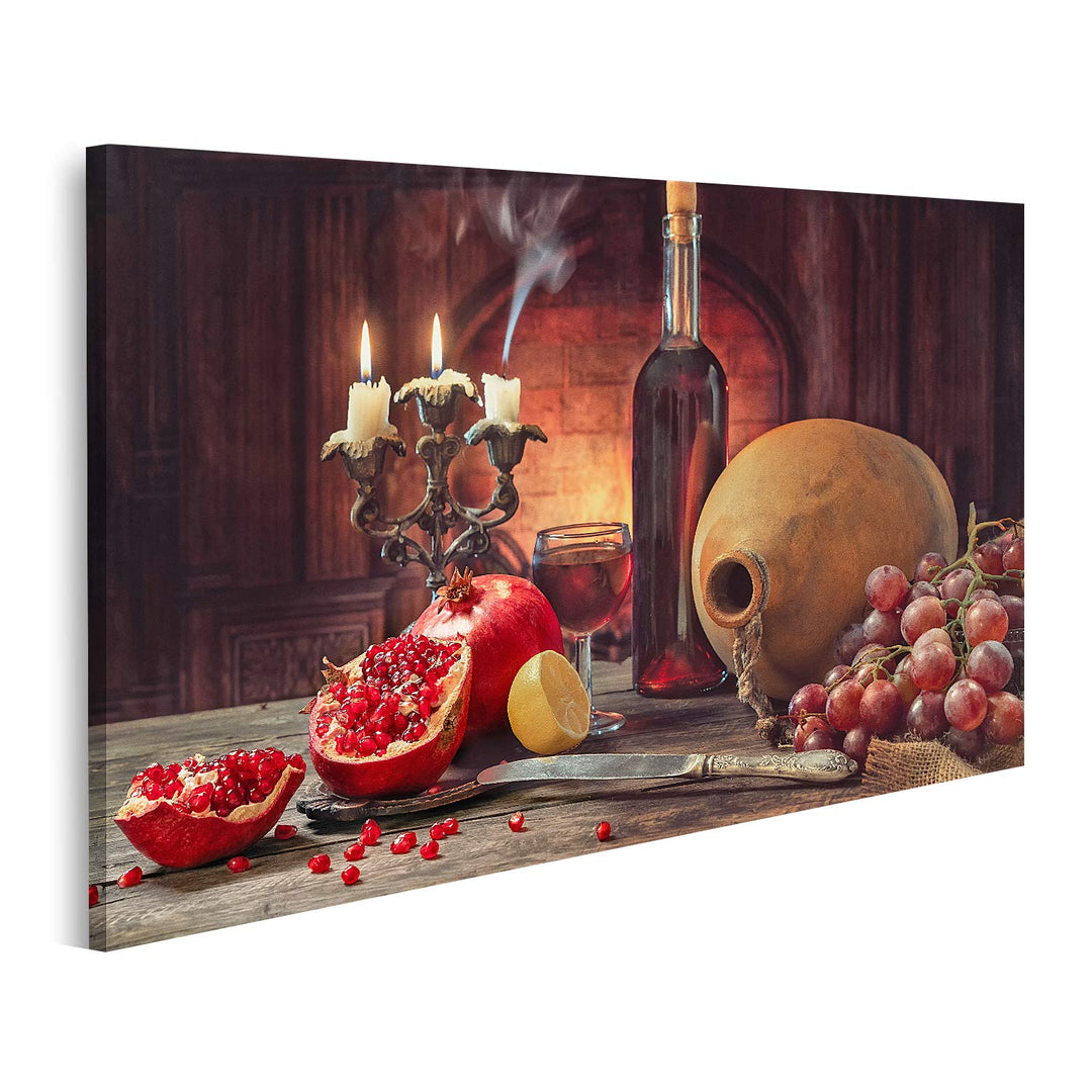 islandburner Bild auf Leinwand Stillleben Rustikaler Stil Obst Granatäpfel Trauben Zitrone Holztisch