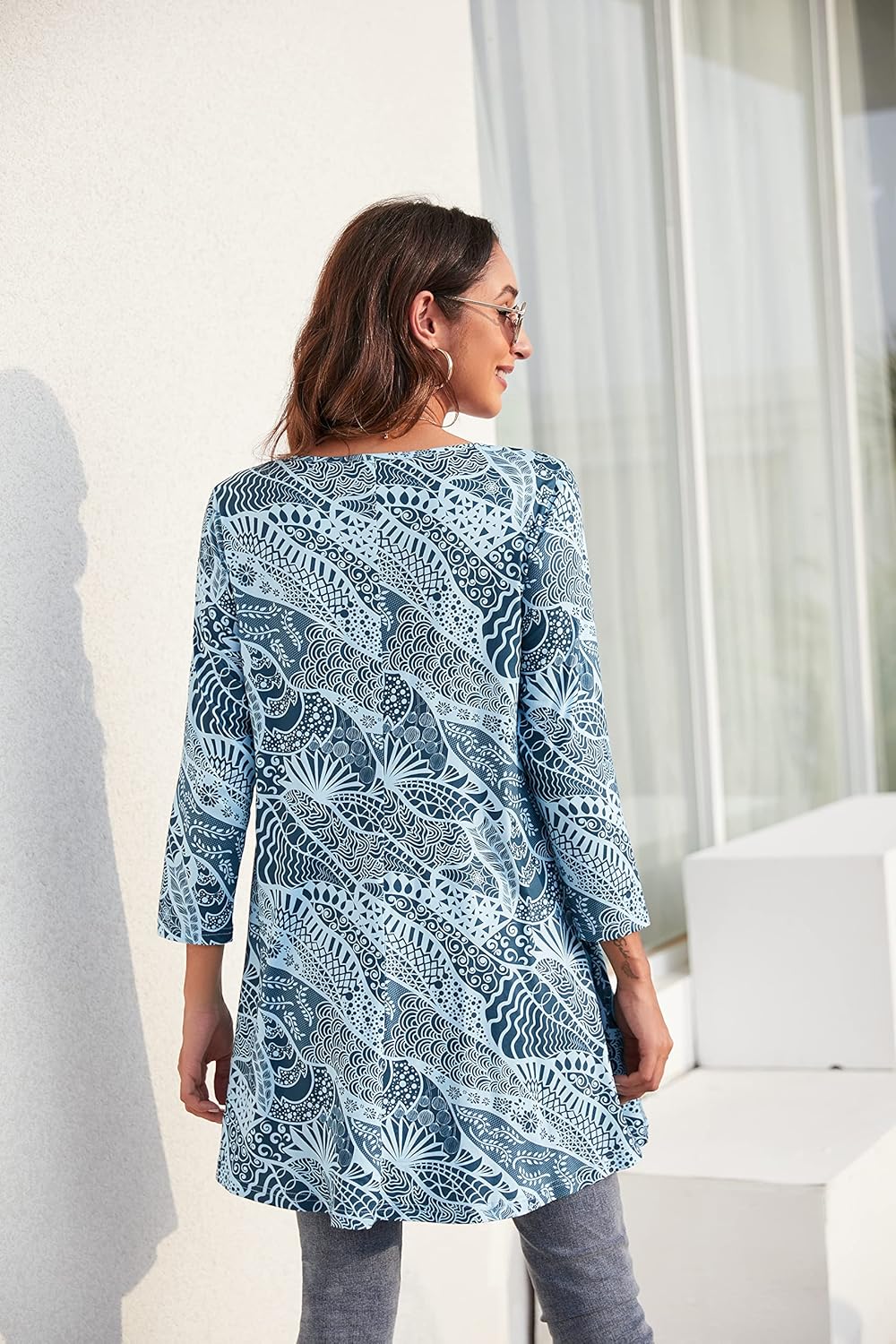 Enmain Damen Tunika Shirt Langarm/Kurzarm Bluse mit Blumen Longshirt Casual Elegante 3/4 Ärmel Rundh