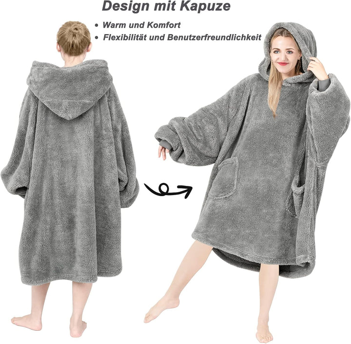WOLTU Hoodie Decke mit Ärmeln Kapuze, Oversized Kapuzenpullover flauschig, Oeko-TEX Zertifiziert, we