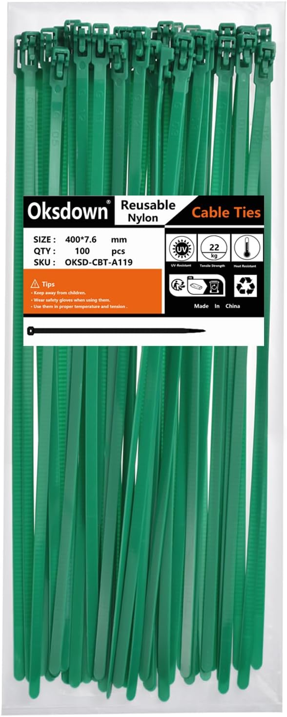 Oksdown Kabelbinder wiederverschliessbar Grün 400 mm × 7,6 mm 100 Stück UV-Beständig Stark Gross Nyl