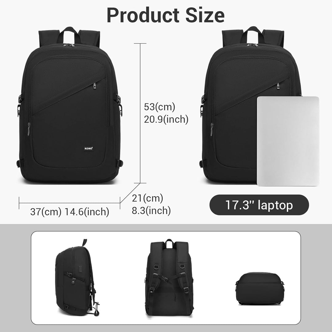 KONO Rucksack Herren, Leicht Laptop Rucksack 17,3 Zoll Anti-Diebstahl mit USB-Ladeanschluss, Schulru