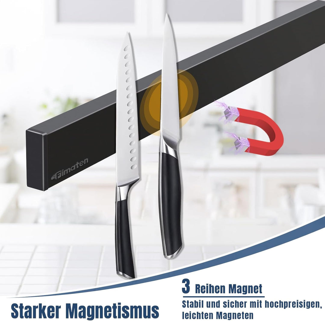 Magnetleiste Messer für die Wand, mit 4 Haken, 59cm schwarzer Messerhalter magnetisch ohne Bohren, e