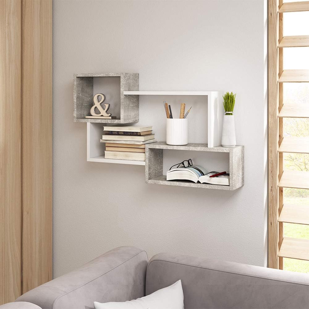 Selsey Kassi - Wandregal/Hängeregal/Bücherregal in Betonoptik/Weiss Matt 54x87cm, 30 x 30 x 50 cm, B