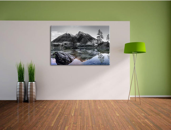 Pixxprint Sonnenaufgang am Hintersee / 100x70cm Leinwandbild bespannt auf Holzrahmen/Wandbild Kunstd