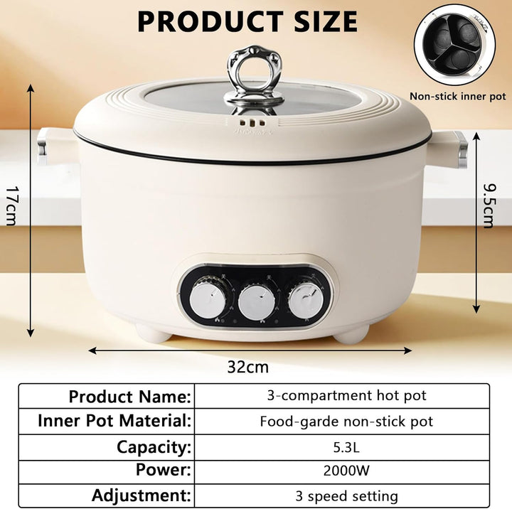 Hotpot Elektrisch Pot, 5.3L Elektrischer Kochtopf mit Schnellheizung&Drei Drehknöpfe, 1600W Elektris