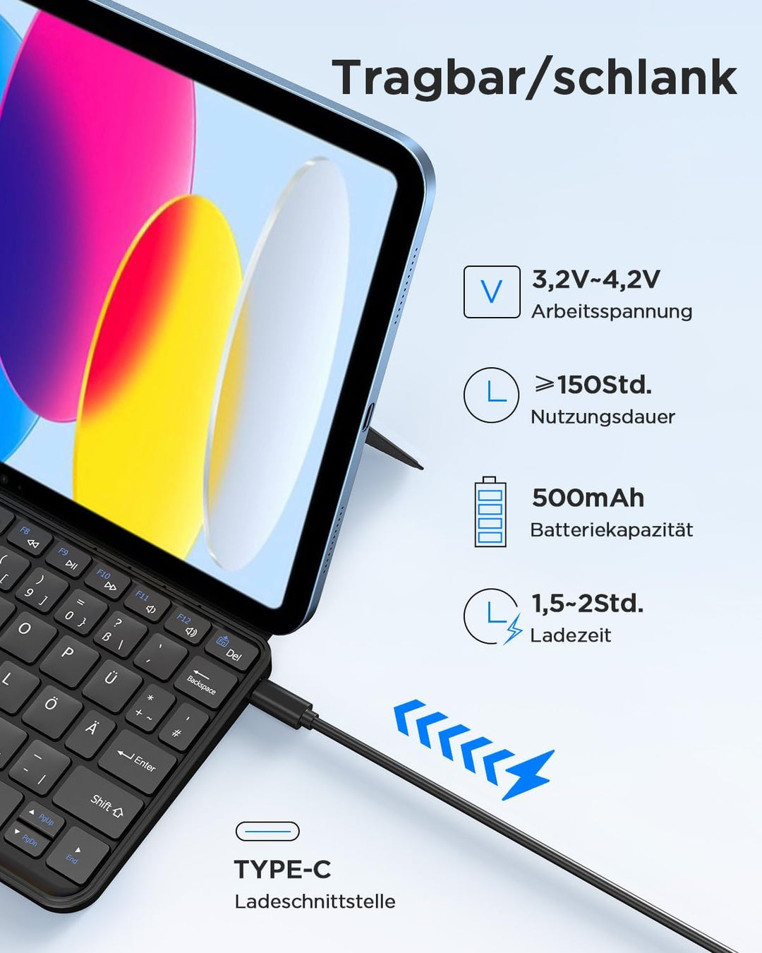 CACOE Mobile Bluetooth-Tastatur mit Ständer für Tablets, Ultraflache Tragbare, Faltbare, Dual-Channe