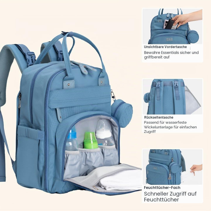 BabbleRoo Wickeltasche Rucksack – Grosse Kapazität, 17 Taschen, Wasserabweisend – mit Wickelauflage,